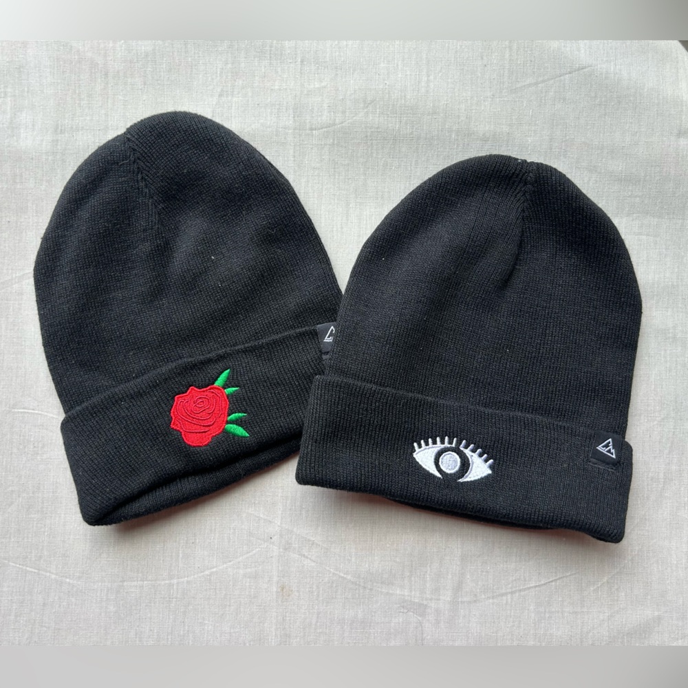 Embroidered Beanie Duo | Rose + Eye |Black, Unisex, One Size
